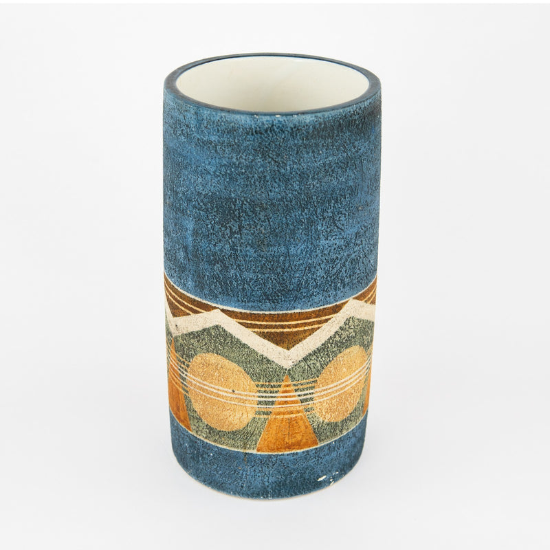 LOUISE JINKS for TROIKA - CORNWALL STUDIO ART POTTERY BLUE CYLINDER VASE, SIGNED