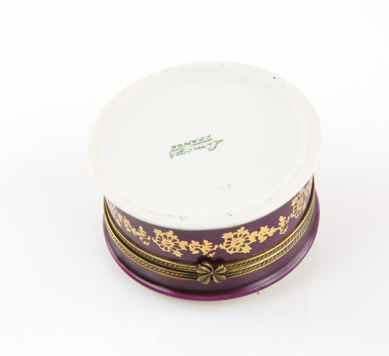 LIMOGES FRANCE BURGANDY GOLD TRIM FLORAL ROUND ENAMEL TRINKET PILL JEWELLERY BOX