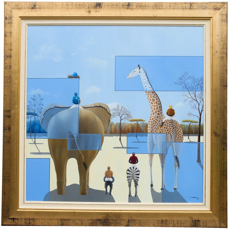 PATRICK SCHILLING - ELEPHANT GIRAFFE ZEBRA & ANIMALS, LARGE OIL PAINTING, SIGNED