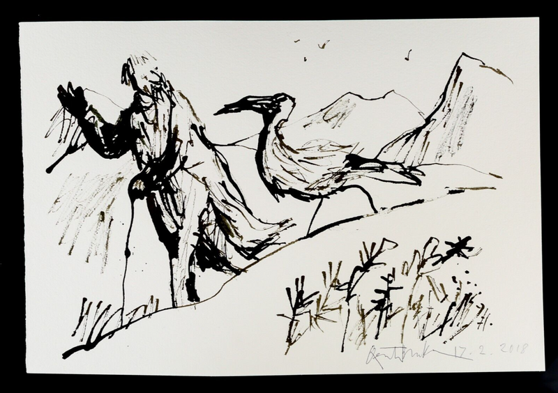 QUENTIN BLAKE, WALKING WITH THE BIRDS, ORIGINAL INK & WATERCOLOUR ARTWORK, SIGNED
