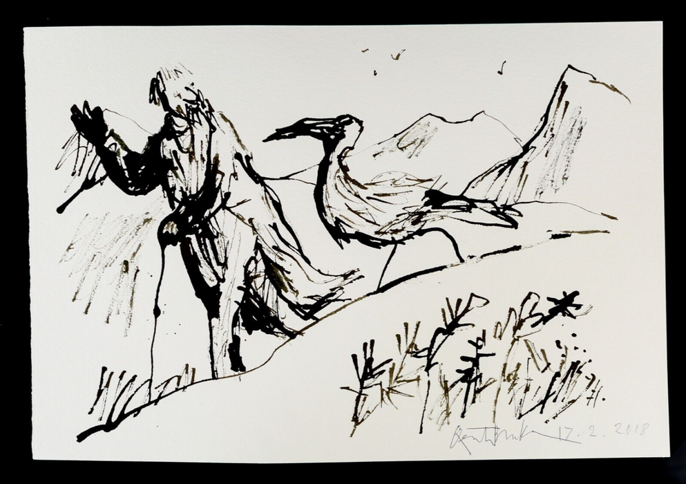 QUENTIN BLAKE, WALKING WITH THE BIRDS, ORIGINAL INK & WATERCOLOUR ARTWORK SIGNED