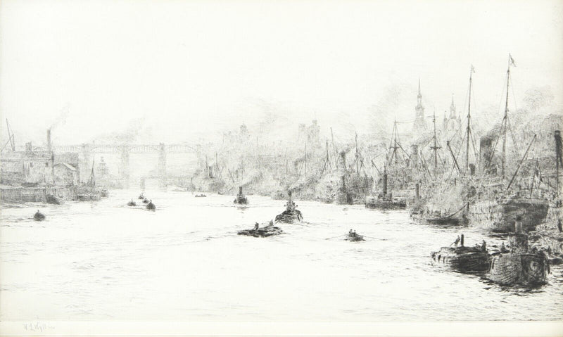 WILLIAM LIONEL WYLLIE 'SHIPPING ON THE TYNE AT NEWCASTLE' ETCHING PRINT, SIGNED