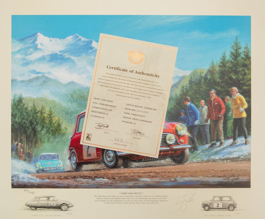TONY SMITH, 'THIRD MINI MONTE', LIMITED EDITION CLASSIC CAR RALLY PRINT 33/495