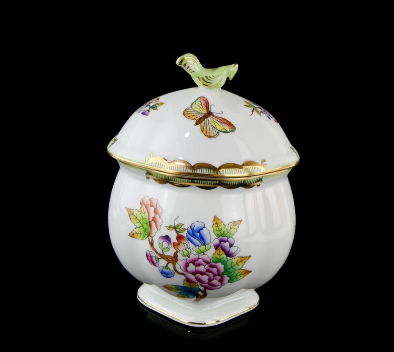 HEREND HUNGARY FLORAL BUTTERFLIES AND BIRD LIDDED BOX POT DISH