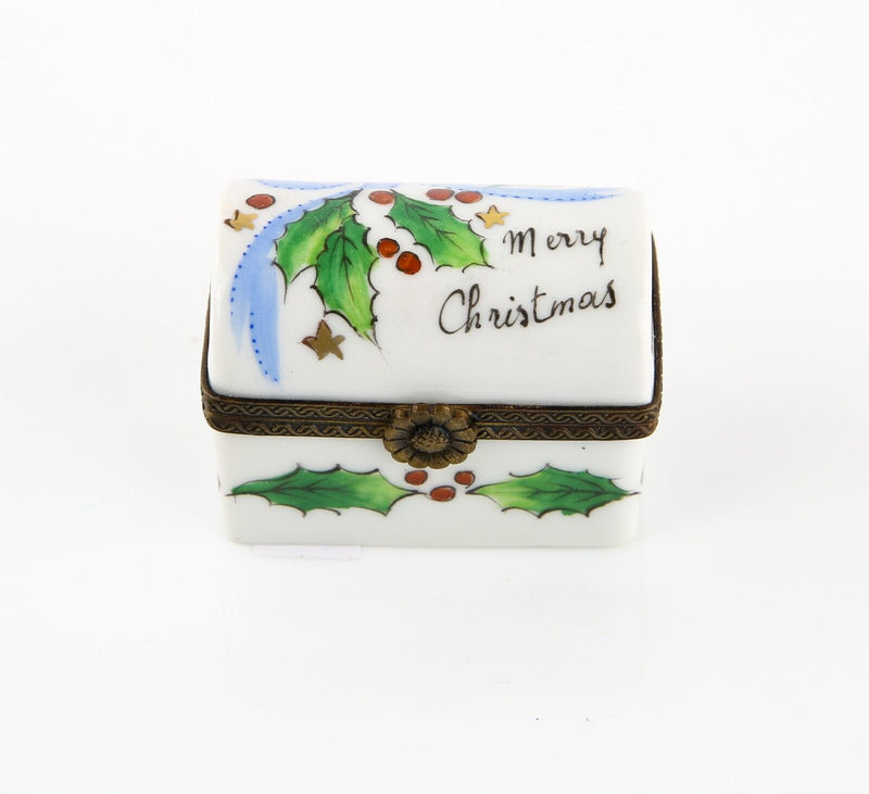 LIMOGES, FRANCE 'MERRY CHRISTMAS' CHEST SHAPE ENAMEL TRINKET PILL JEWELLERY BOX