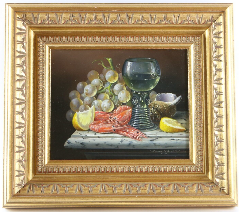 BRIAN DAVIES, STILL LIFE WITH WINE FRUIT PRAWNS, ORIGINAL OIL PAINTING, SIGNED