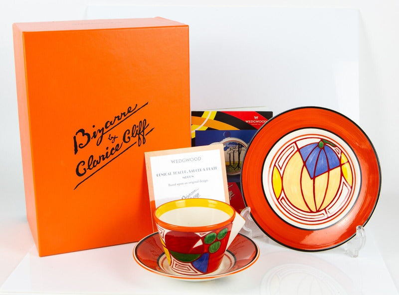 CLARICE CLIFF by WEDGWOOD 'MELON' BIZARRE CONICAL TEACUP SAUCER & PLATE TRIO SET