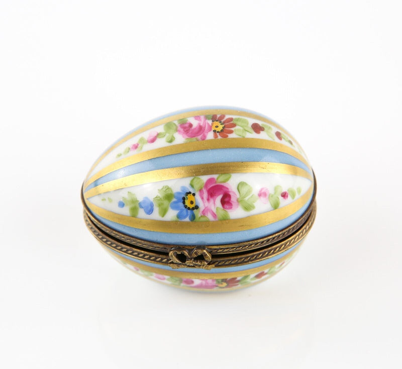 LIMOGES, FRANCE BLUE STRIPE FLORAL EGG SHAPE ENAMEL TRINKET PILL JEWELLERY BOX