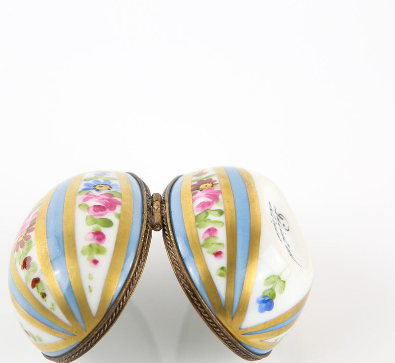 LIMOGES, FRANCE BLUE STRIPE FLORAL EGG SHAPE ENAMEL TRINKET PILL JEWELLERY BOX