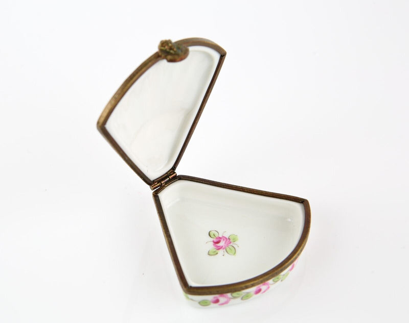 LIMOGES, FRANCE GREEN AND PINK FLORAL FAN SHELL SHAPE ENAMEL TRINKET PILL BOX