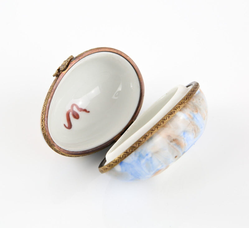 LIMOGES, FRANCE BLUE AND YELLOW FLORAL EGG ENAMEL TRINKET PILL JEWELLERY BOX