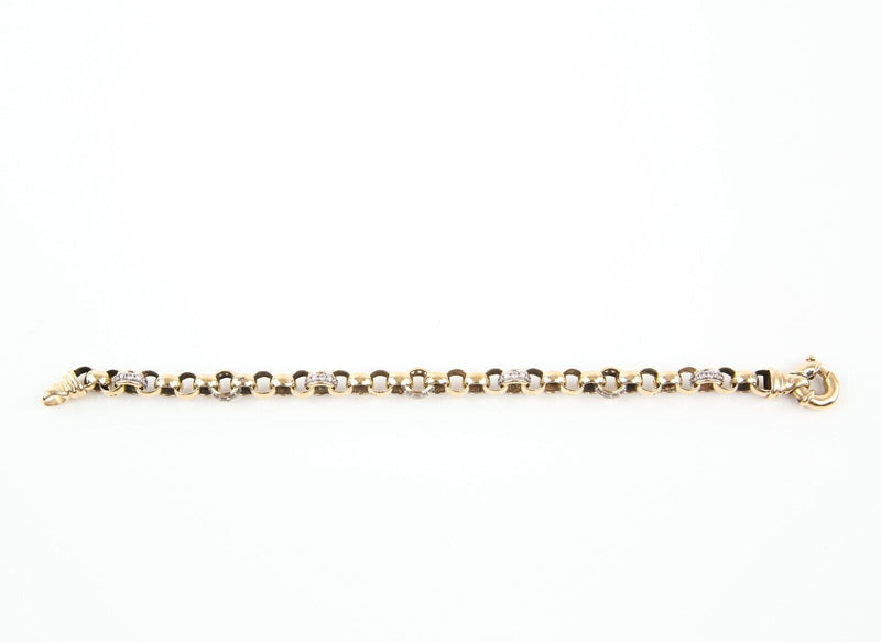 9ct YELLOW GOLD & WHITE STONE BELCHER CHAIN LINK BRACELET, 23.1g, STAMPED, 22cm