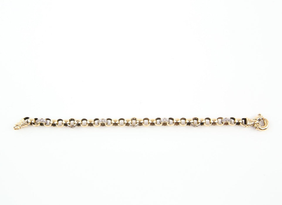 9ct YELLOW GOLD & WHITE STONE BELCHER CHAIN LINK BRACELET, 23.1g, STAMPED, 22cm