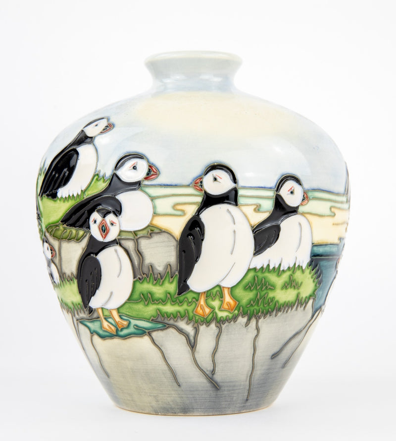 MOORCROFT POTTERY 'PUFFIN' 1997 CAROL LOVATT OVOID VASE, BOXED