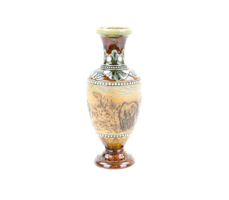 HANNAH BARLOW, DOULTON LAMBETH - HORSES & COWS GRAZING, STONEWARE BALUSTER VASE
