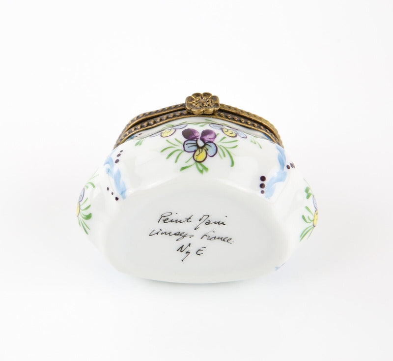 LIMOGES, FRANCE BLUE AND PURPLE FLORAL DRESSER ENAMEL TRINKET PILL JEWELLERY BOX