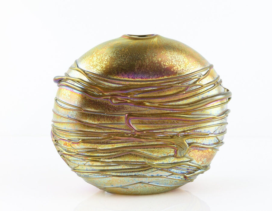 TIMOTHY HARRIS FOR ISLE OF WIGHT 'NIGHTSEA' GOLD COLOUR GLASS ROUND OVAL VASE