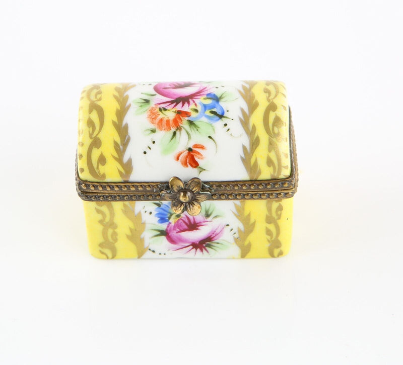 LIMOGES, FRANCE YELLOW FLORAL TRUNK CHEST ENAMEL TRINKET PILL JEWELLERY BOX