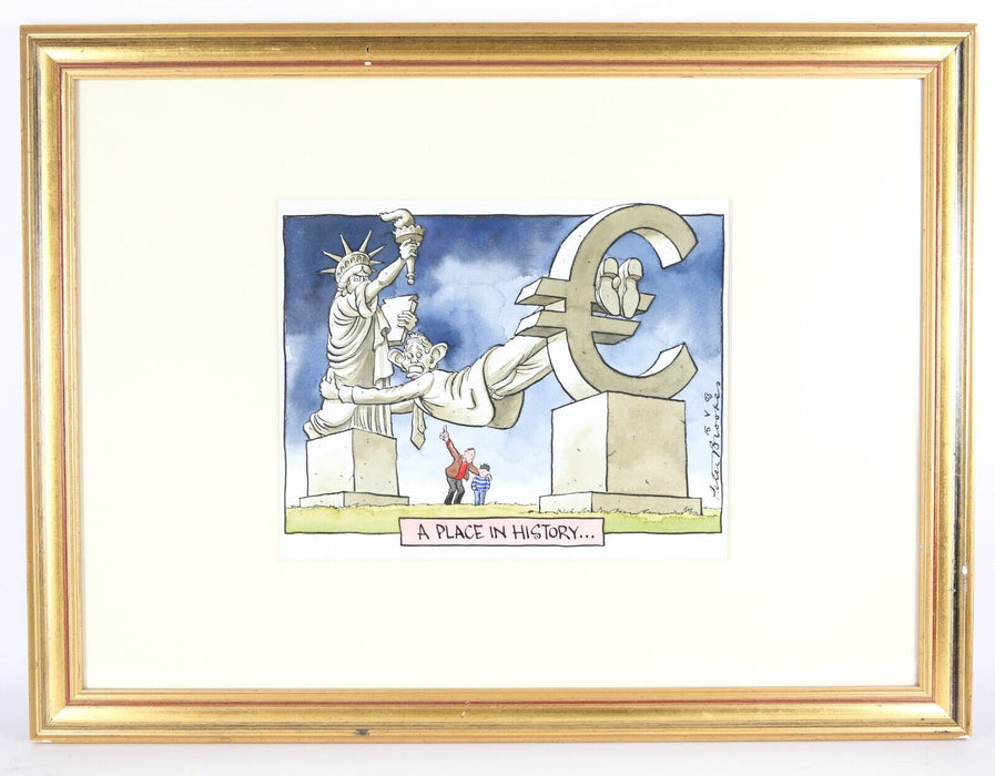 PETER BROOKES, 'A PLACE IN HISTORY', THE TIMES 2003, WATERCOLOUR PAINTING CARTOON, SIGNED