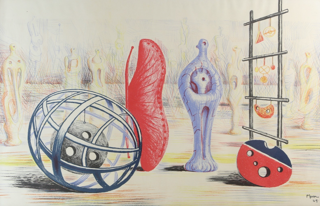 HENRY MOORE, 'SCULPTURAL OBJECTS', 1949 SCHOOL PRINTS COLOUR LITHOGRAPH