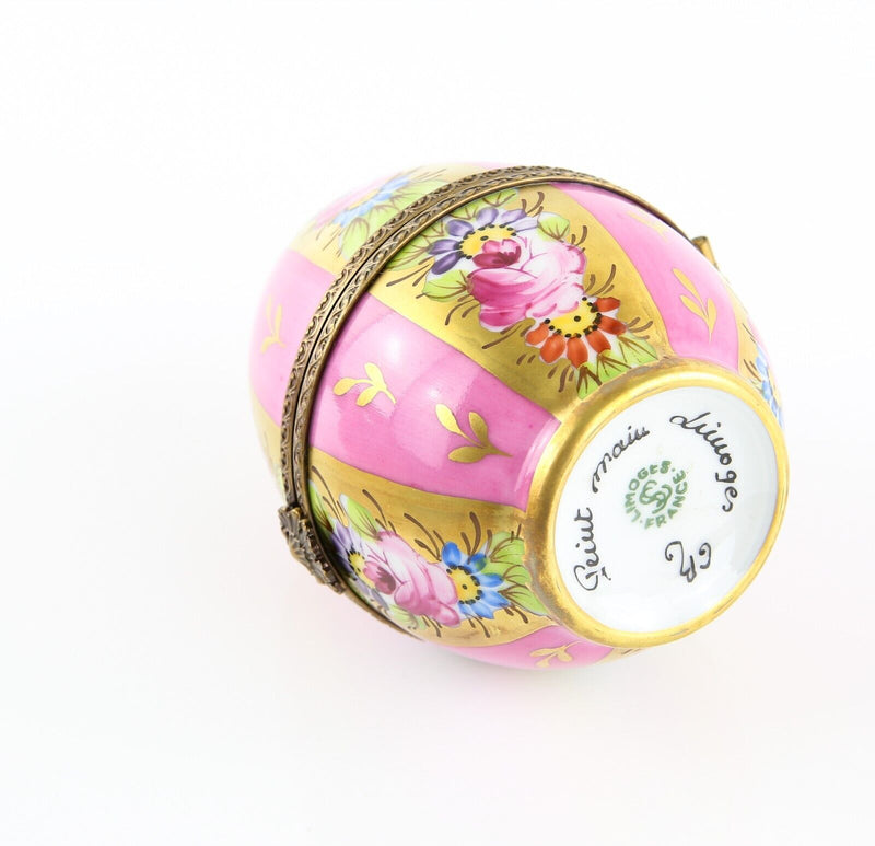 LIMOGES, FRANCE PINK AND GOLD STRIPE FLORAL EGG SHAPED PILL TRINKET BOX
