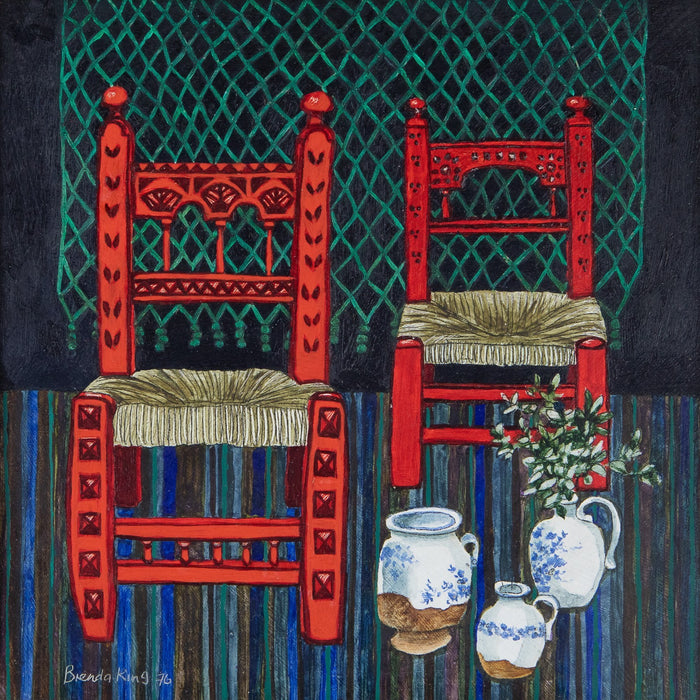 BRENDA KING, 'MAJORCAN CHAIRS', 1976, INTERIOR STILL LIFE OIL PAINTING, SIGNED