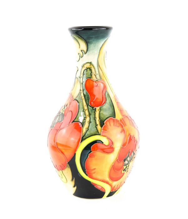 MOORCROFT POTTERY 'ALLEGRO FLAME' EMMA BOSSONS FLORAL FLOWER VASE, SIGNED