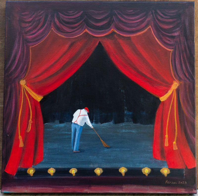 BARBARA PEIRSON, 'SWEEPING THE STAGE FOR RICHARD', 2023, OIL PAINTING, SIGNED