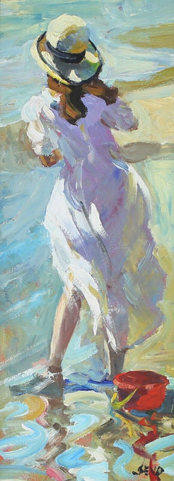 SHERREE VALENTINE DAINES - GIRL ON BEACH WITH RED BUCKET, ORIGINAL OIL PAINTING