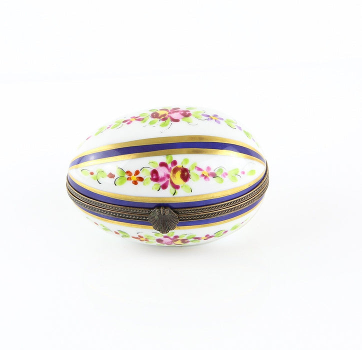 LIMOGES, FRANCE BLUE STRIPE FLORAL EGG SHAPED ENAMEL PILL TRINKET BOX