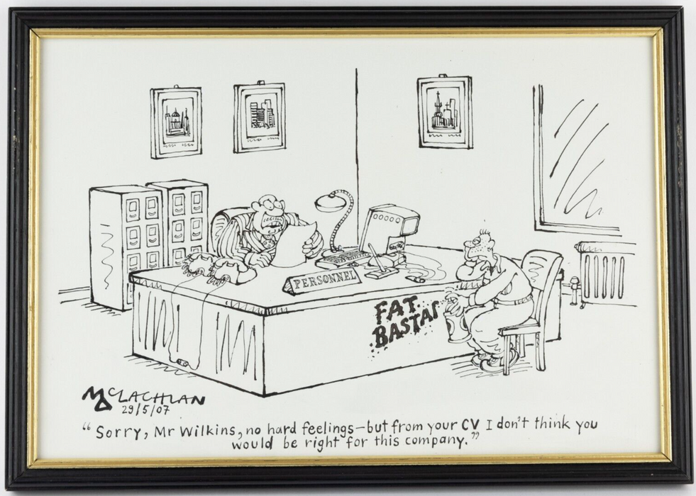 ED MCLACHLAN, 'SORRY MR WILKINS NO HARD FEELINGS', ORIGINAL INK CARTOON, SIGNED