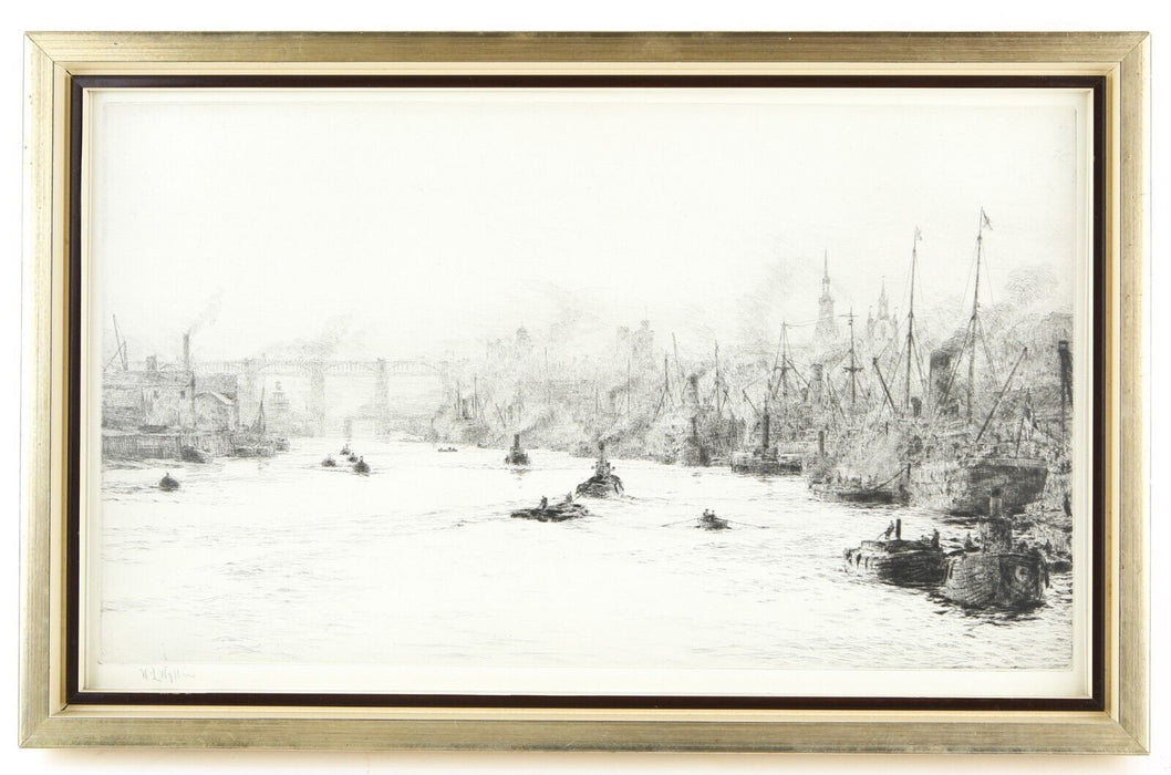 WILLIAM LIONEL WYLLIE 'SHIPPING ON THE TYNE AT NEWCASTLE' ETCHING PRINT, SIGNED