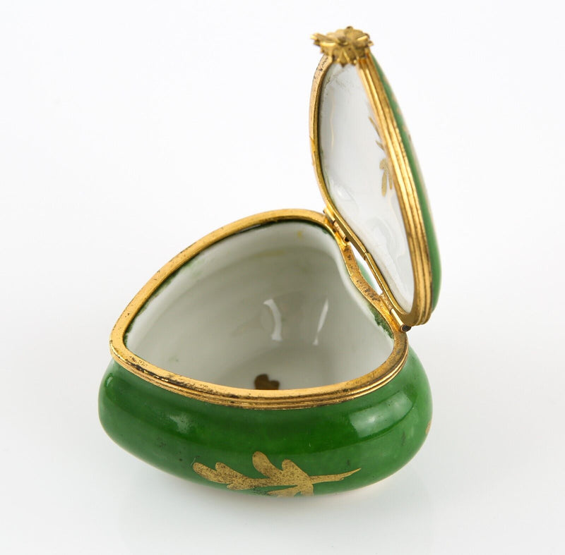 LIMOGES, FRANCE GREEN AND PINK FLORAL HEART ENAMEL TRINKET PILL JEWELLERY BOX