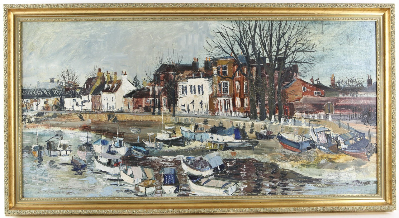 JEREMY KING, RIVER THAMES WITH BOATS, LARGE ORIGINAL OIL PAINTING, SIGNED