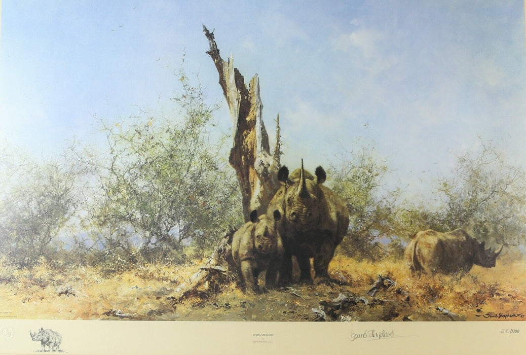 DAVID SHEPHERD 'RHINO BEWARE' LIMITED EDITION PRINT 270/1300, SIGNED