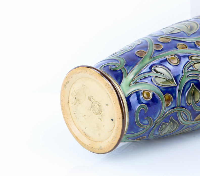 HARRY SIMEON, ROYAL DOULTON, LARGE GREEN/BLUE FOLIATE SLENDER STONEWARE VASE 417