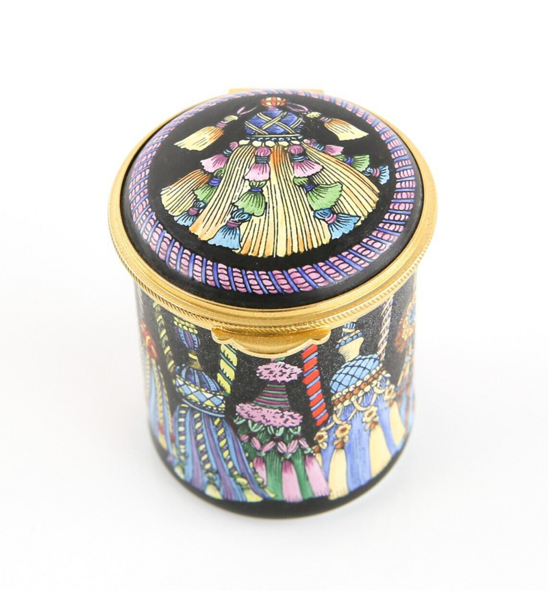 STAFFORDSHIRE MULTICOLOURED TASSELS ENAMEL TRINKET PILL JEWELLERY BOX