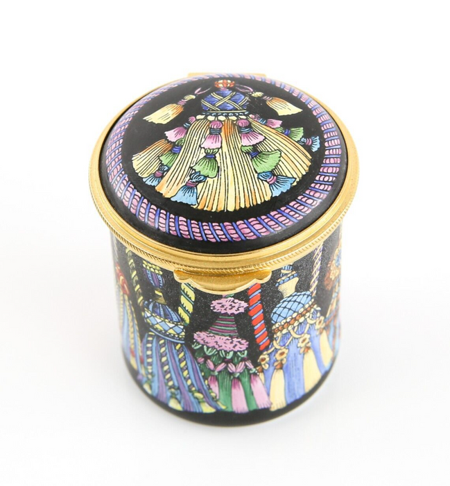 STAFFORDSHIRE MULTICOLOURED TASSELS ENAMEL TRINKET PILL JEWELLERY BOX