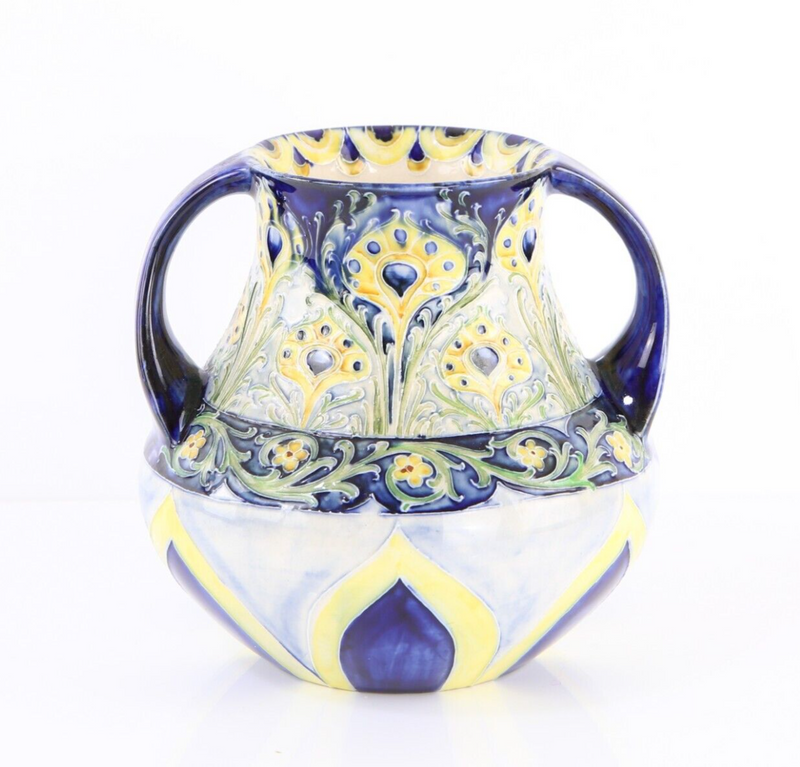 WILLIAM MOORCROFT 'PEACOCK FEATHERS' MACINTYRE FLORIAN WARE TWIN-HANDLED VASE
