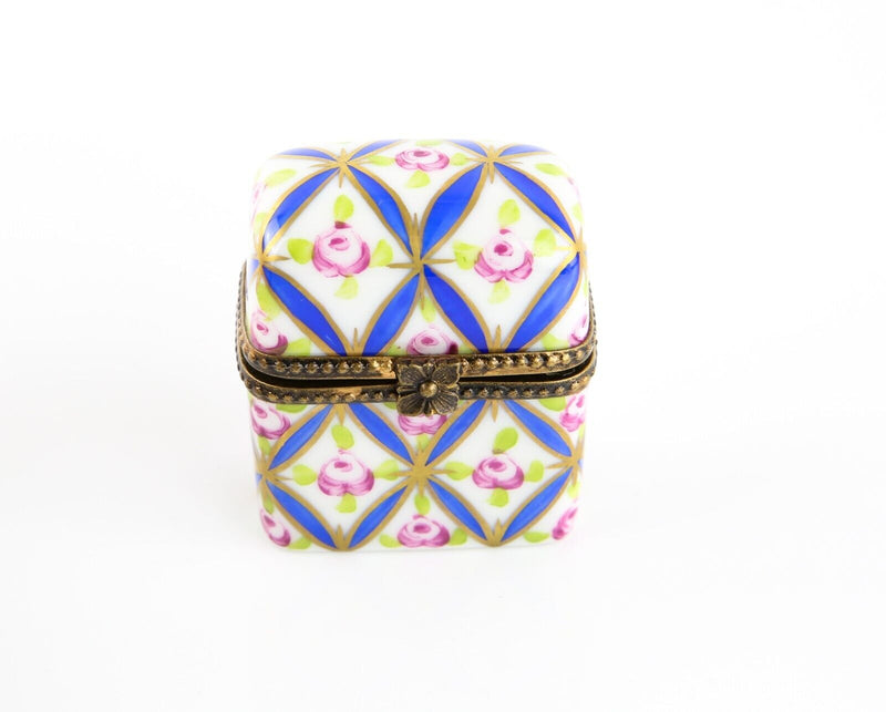 LIMOGES, FRANCE BLUE FLORAL PERFUME BOTTLES TRUNK ENAMEL TRINKET PILL BOX