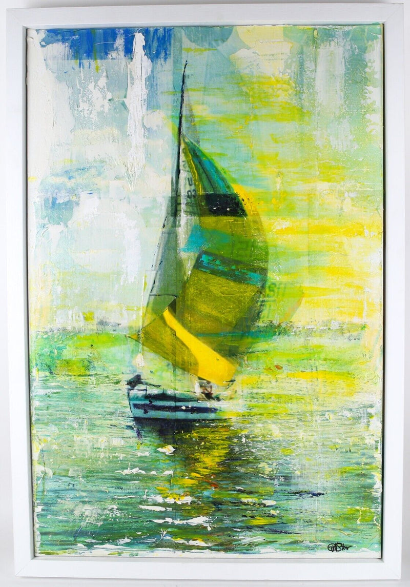 GILL STORR, 'GUST', YACHT SAILING BOAT, ORIGINAL MIXED MEDIA PAINTING, SIGNED