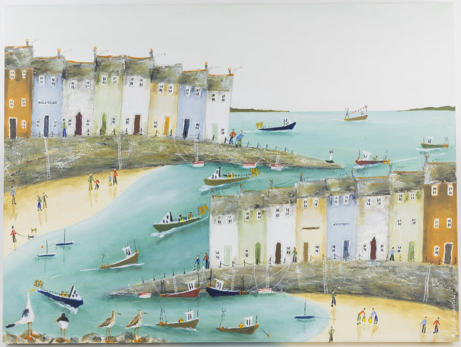 REBECCA LARDNER 'REEL CRAZY' COASTAL SEASIDE BAY LARGE ORIGINAL PAINTING, SIGNED