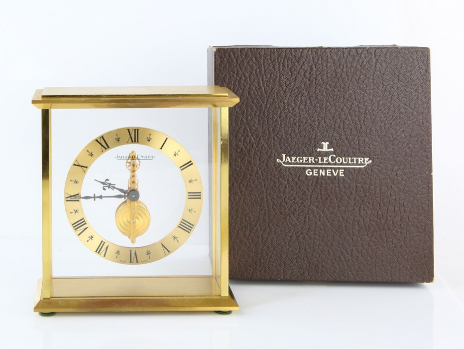 JAEGER LECOULTRE GILT/BRASS SKELETON 16-JEWEL MANTEL CLOCK, BOXED