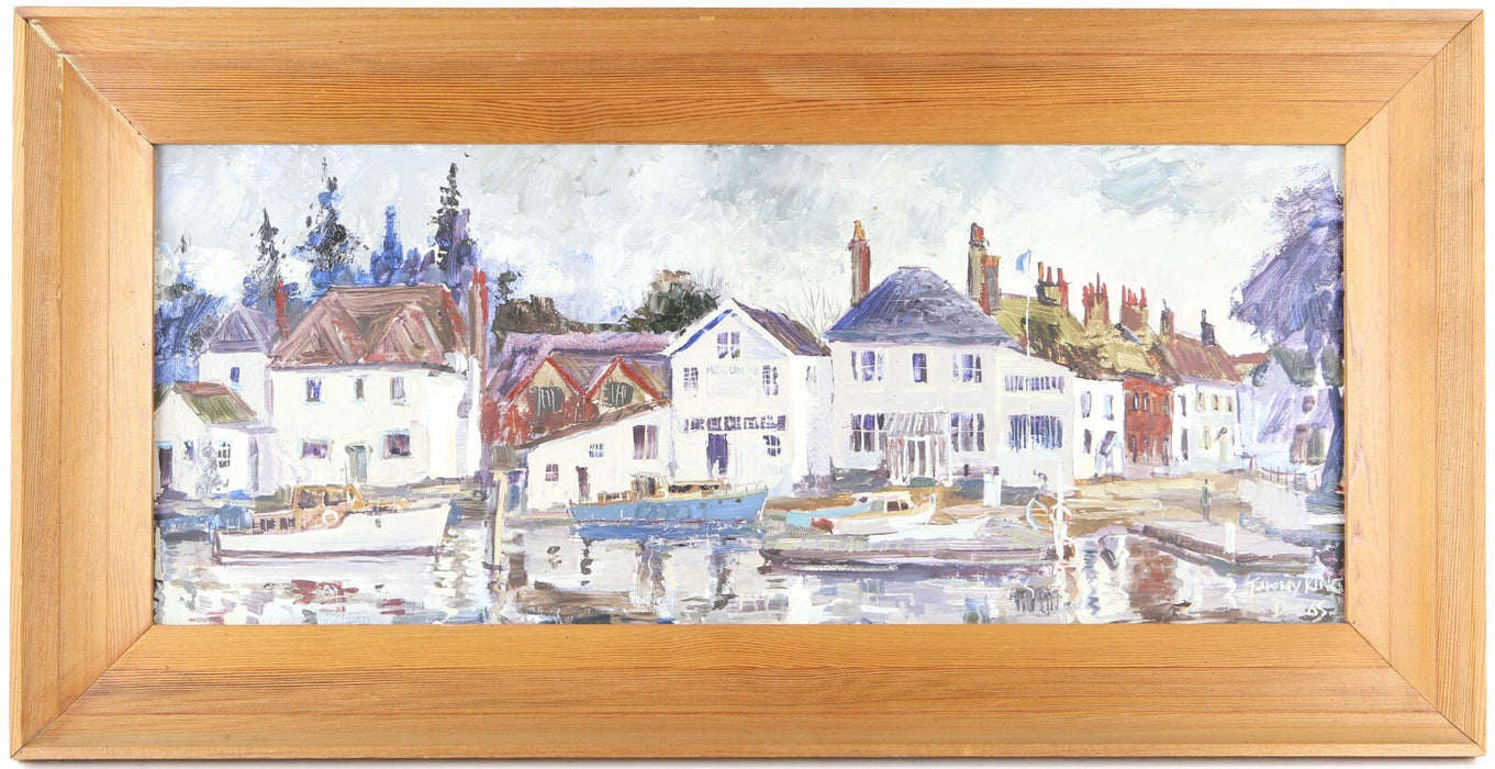 JEREMY KING, RIVER THAMES WITH BOATS & HOUSES, DEC' 1965, OIL PAINTING, SIGNED