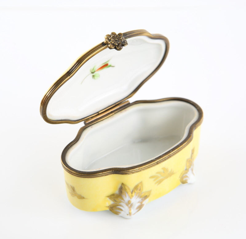 LIMOGES, FRANCE YELLOW FOOTED FLORAL CHEST ENAMEL TRINKET PILL JEWELLERY BOX