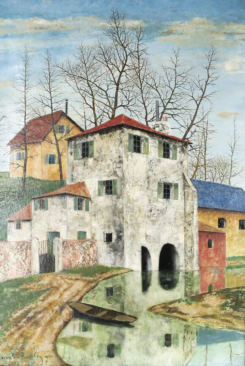 JOSSELIN REGINALD COURTENAY BODLEY, FRENCH RIVERSIDE HOUSES, OIL PAINTING SIGNED