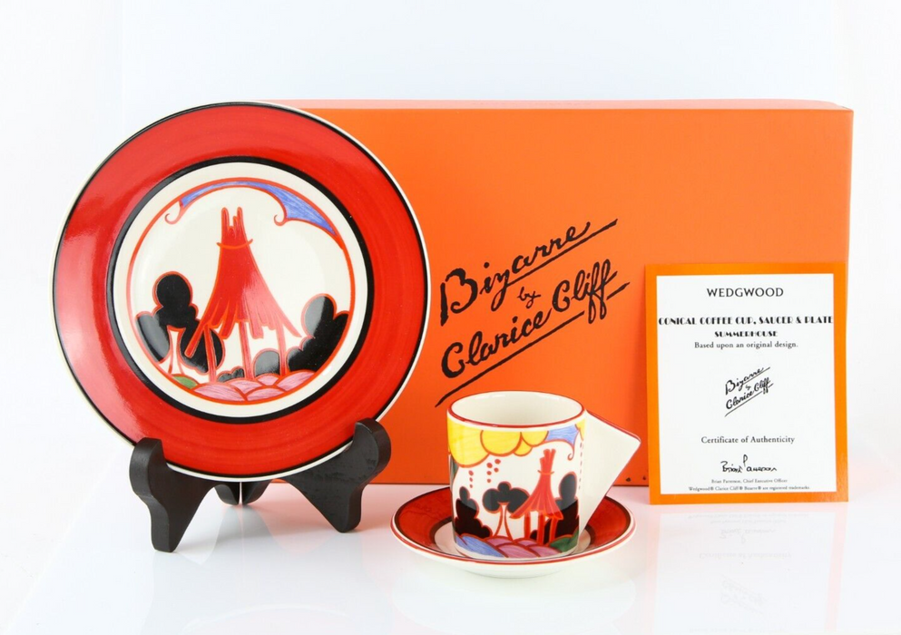 CLARICE CLIFF BY WEDGWOOD 'SUMMERHOUSE' CONICAL COFFEE SAUCER & PLATE TRIO SET