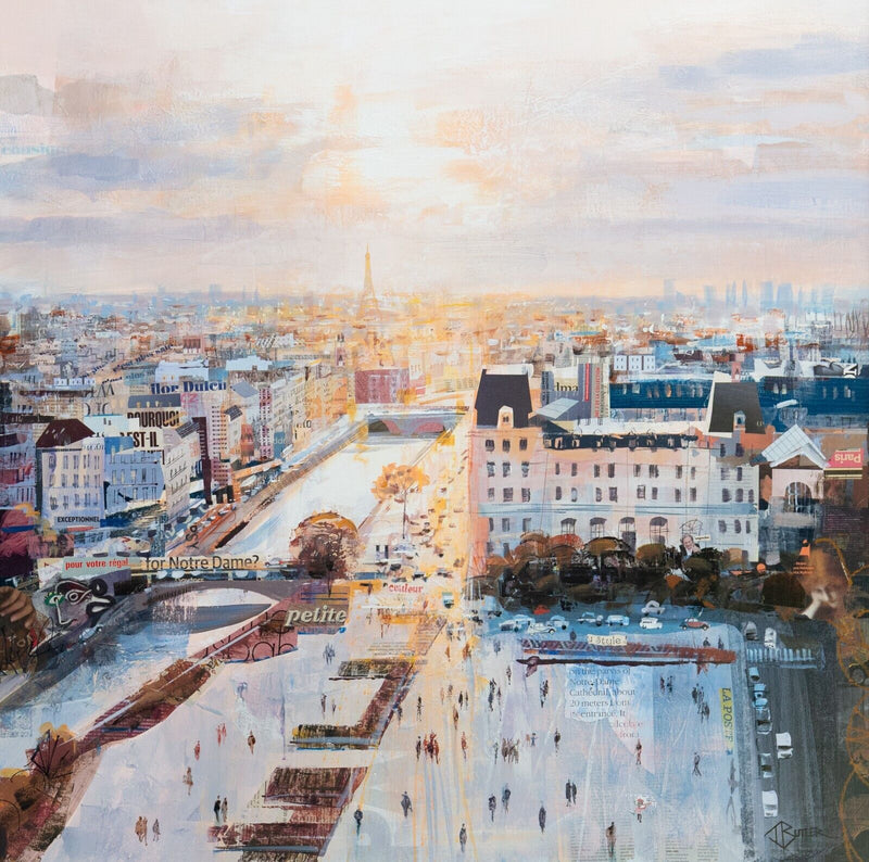 TOM BUTLER, 'ROOFTOP REVERIE, NOTRE-DAME', PARIS, ORIGINAL MIXED MEDIA PAINTING