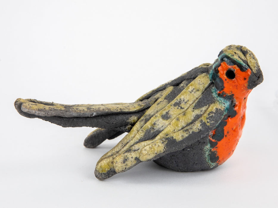 ROSEMARY WREN, OXSHOTT POTTERY - ROBIN, STUDIO ART RAKU BIRD FIGURE MODEL SIGNED