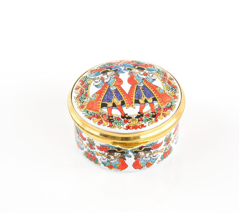 STAFFORDSHIRE 'CHRISTMAS 1994' PIPERS PIPING ENAMEL TRINKET PILL JEWELLERY BOX